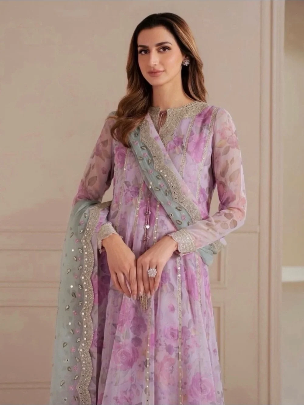 Elegant Lilac Floral Maxi Dress with Sheer Scarf